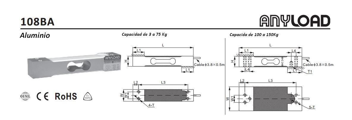 Celda de carga Solo Punto Anyload 108BA- Material y Capacidades.