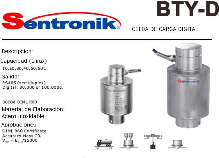 Capacidad nominal y breve descripcion de la Celda de carga compresion Sentronik BTY-D.